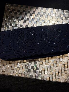 Embellished Navy Beaded Clutch Bag